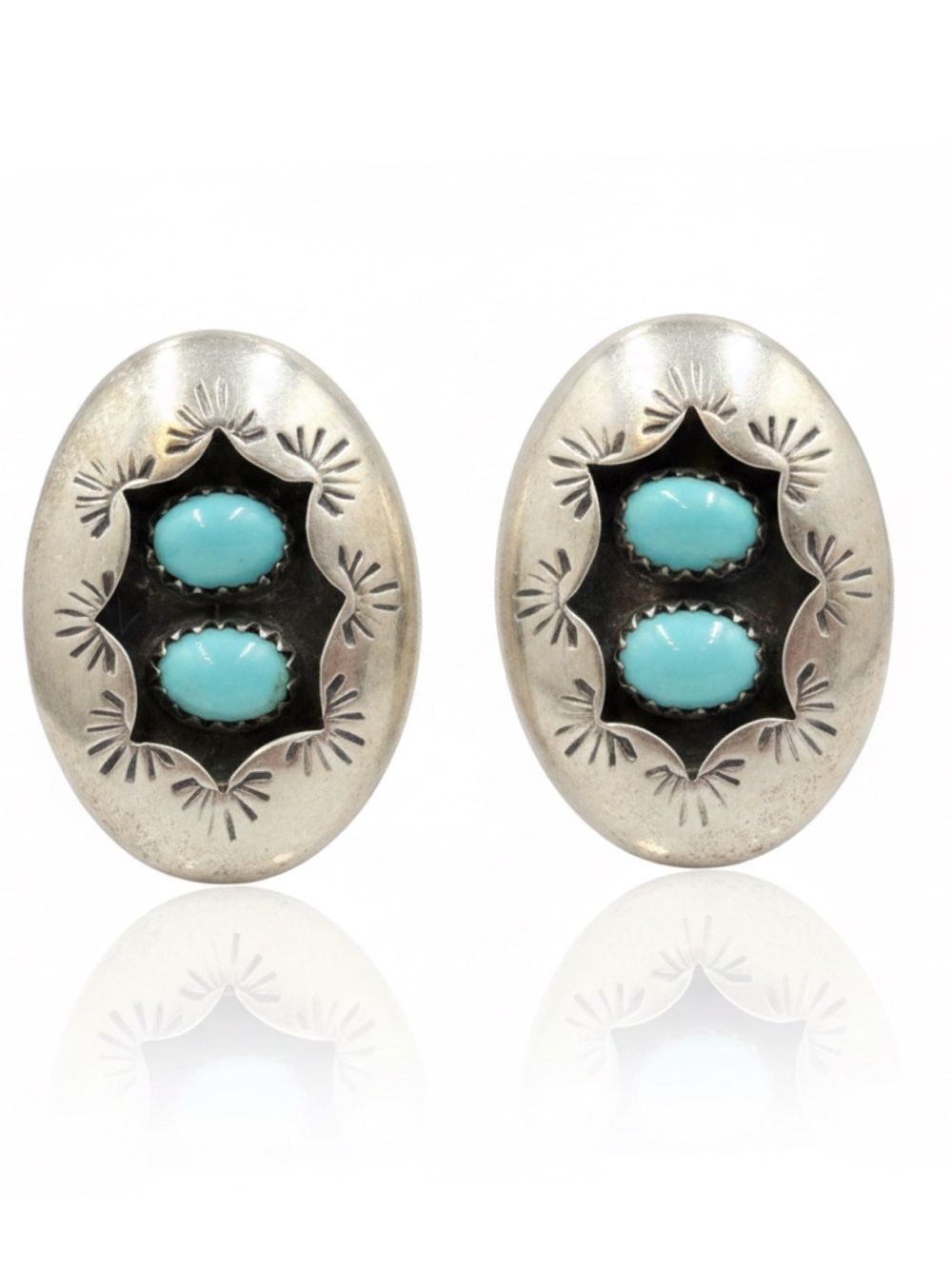Vintage Navajo Jimmie Patterson 2 Stone Turquoise Shadowbox Earrings Signed P